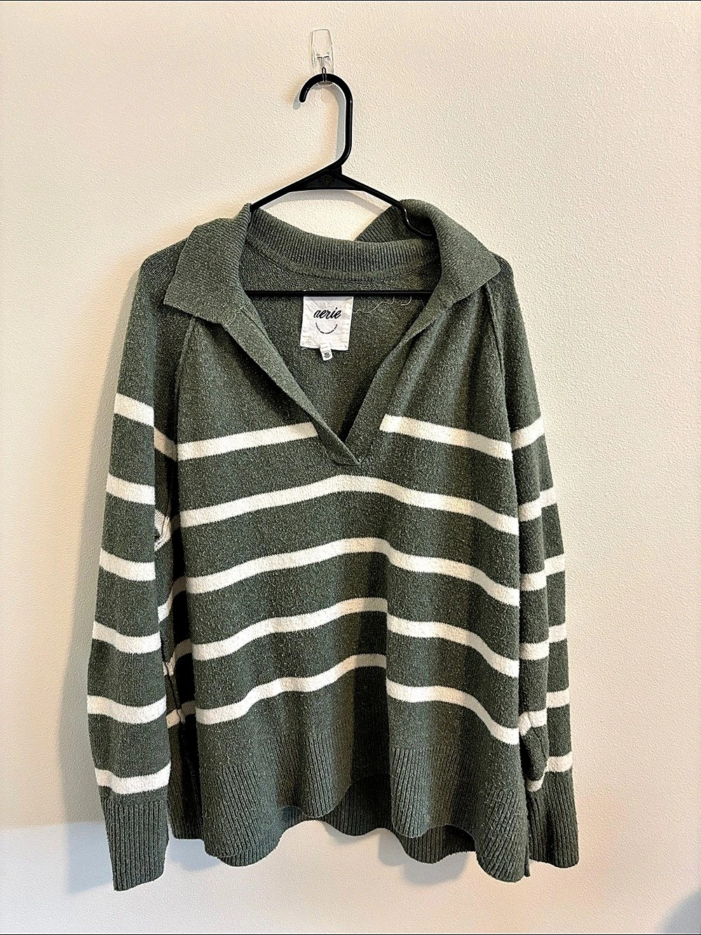 Aerie unREAL Polo Sweater Striped Green & White Large